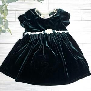SWAT Dress Girls 2M Green Velvet Floral Waistband Short Sleeve Holiday Classic P